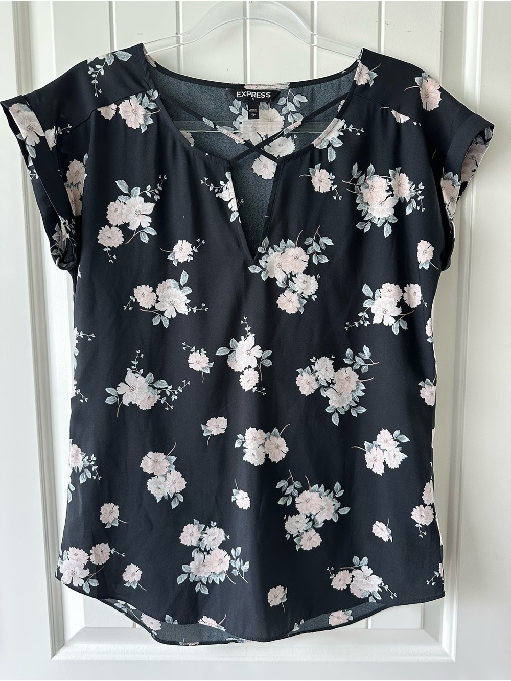 Express Black Floral Cap-Sleeve Blouse with Pale Pink Blossoms